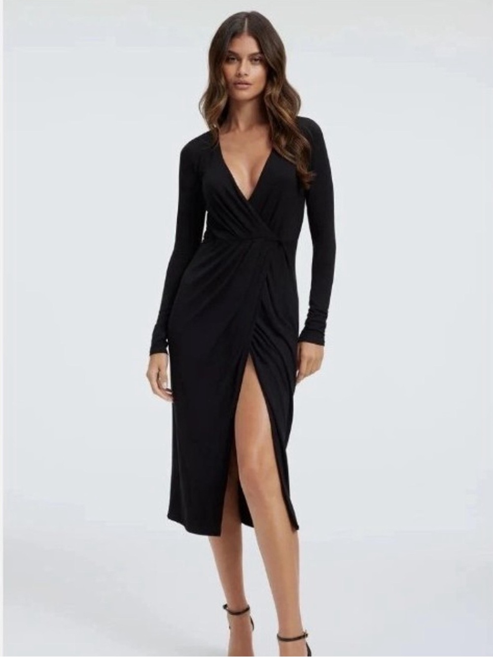 Good American Good Touch Wrap Long Sleeve Stretch Wrap Midi Slit Dress